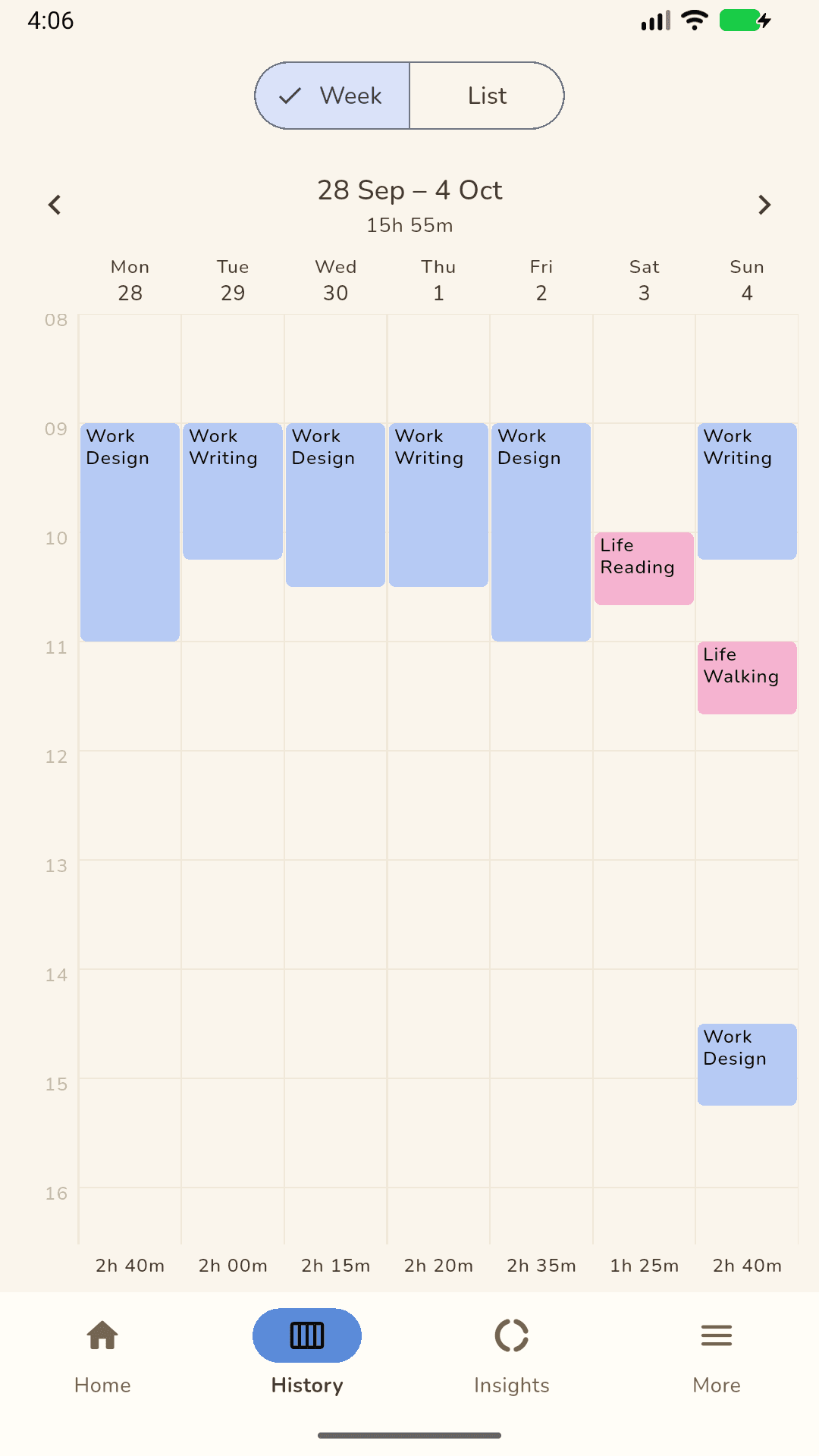 Tritmo mobile app showing a history of example time entries