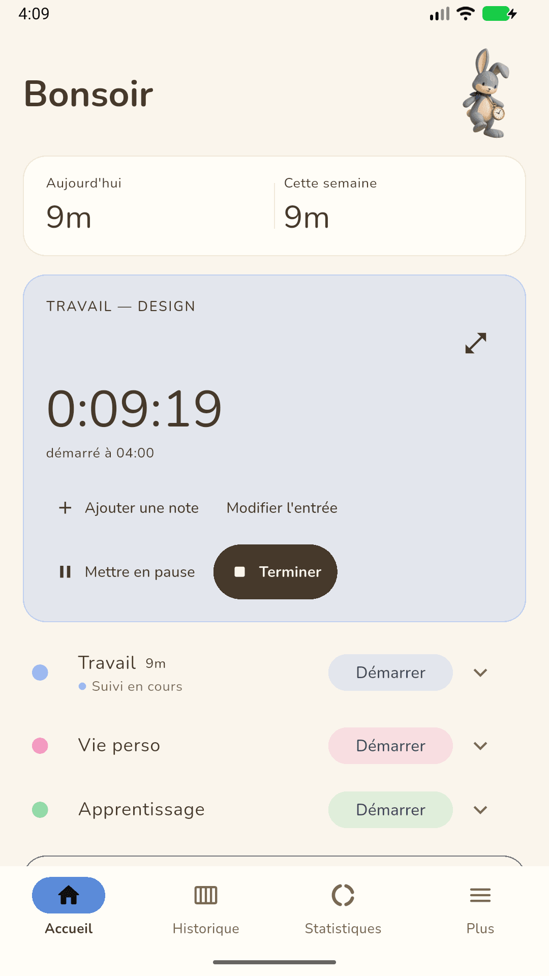 Application mobile Tritmo affichant le minuteur et des projets d'exemple